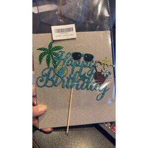 Happy Birthday Cake Topper Glitter Palm Tree Sunglasses Drink Tropical Party Dec
